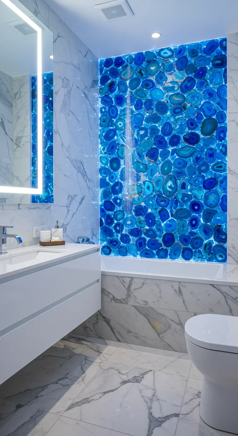 White marble bathroom featuring a stunning, backlit blue agate accent wall behind the tub.