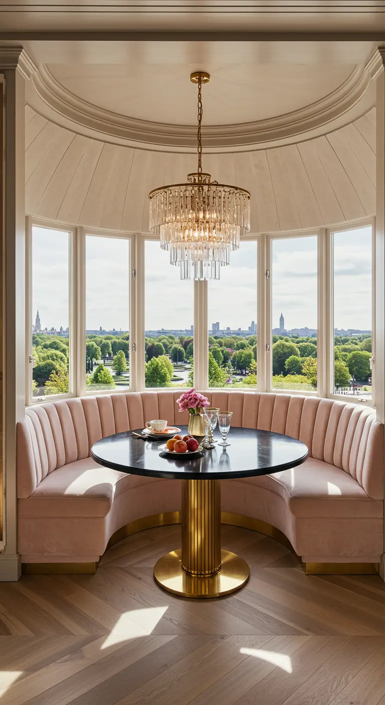 A glamorous breakfast nook featuring a curved pink velvet banquette and a large crystal chandelier.