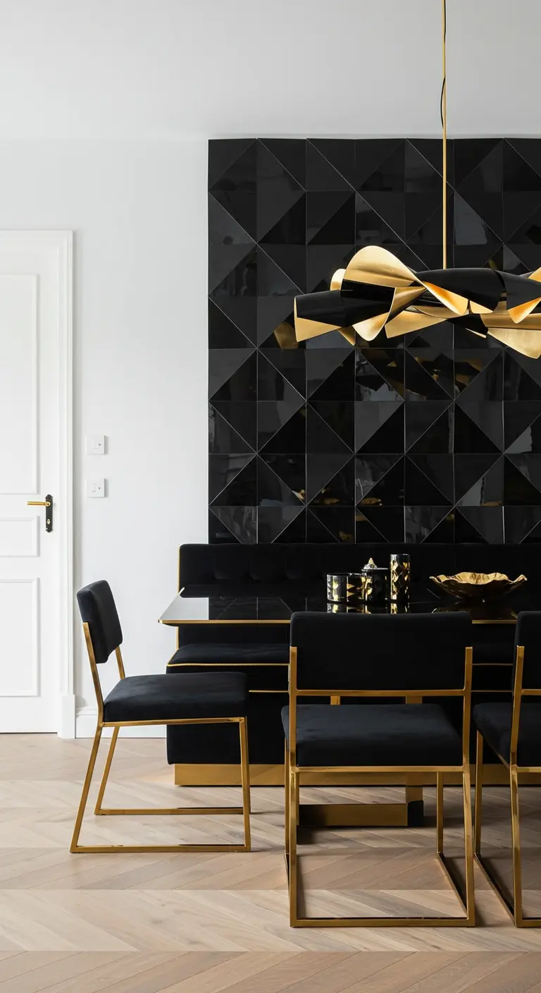 Modern dining room with a 3D geometric black tile wall and an abstract gold chandelier.