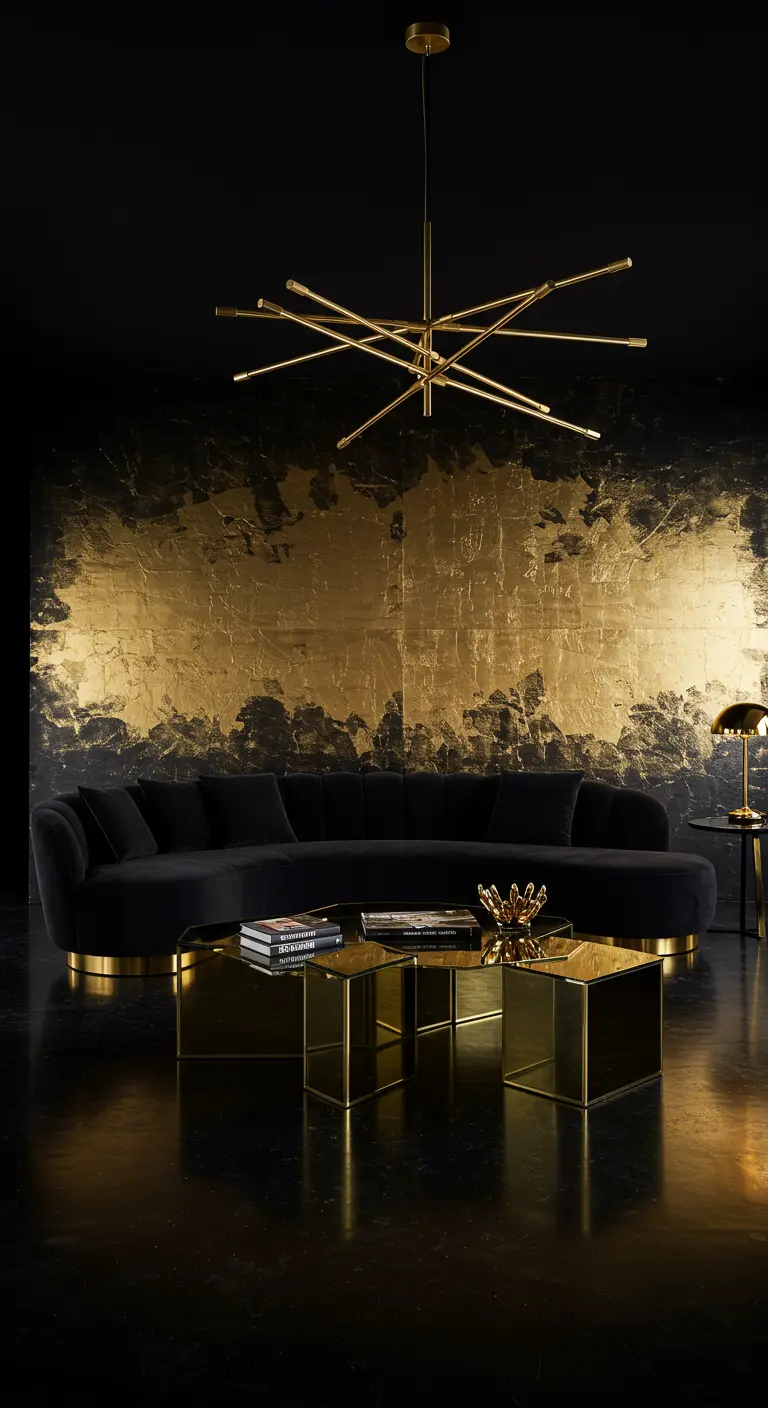 A dramatic room with a gold leaf accent wall behind a curved black velvet sofa and brass coffee tables.