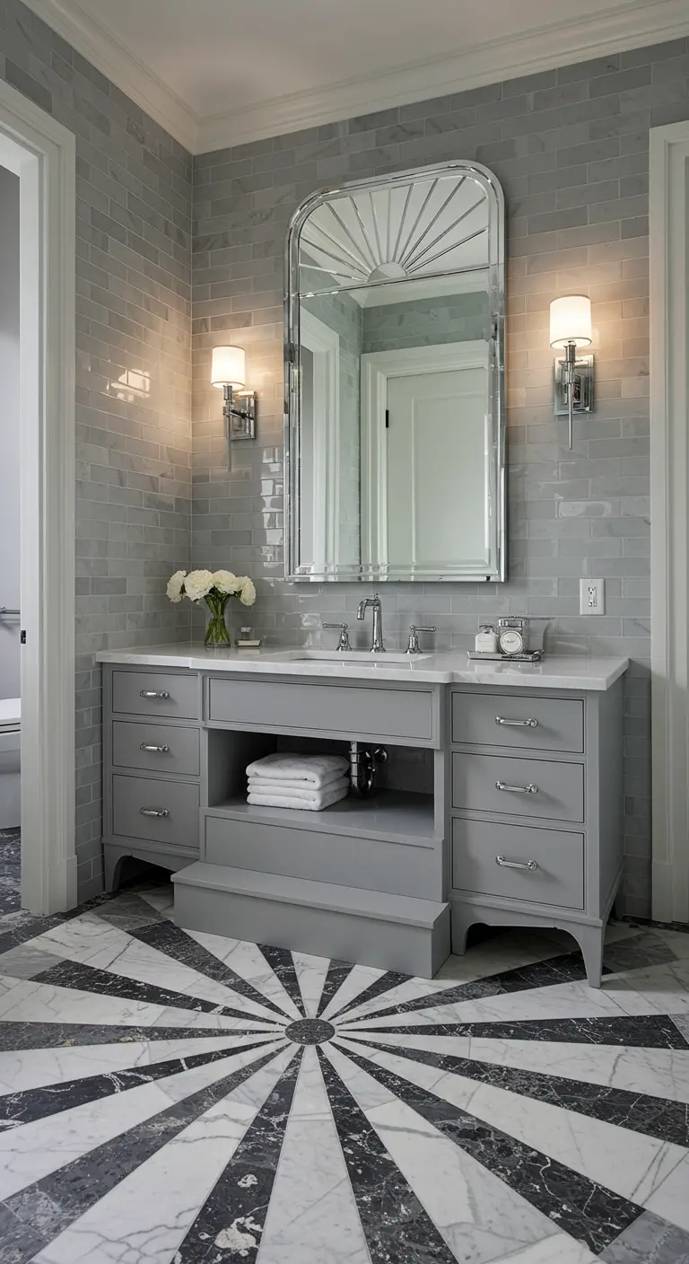 Bathroom with a dramatic black and white starburst marble floor and a grey vanity.