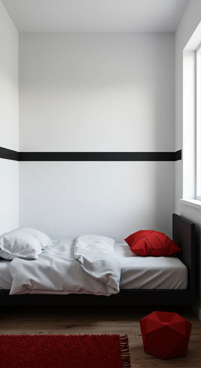 Minimalist bedroom with a bold black horizontal stripe painted on white walls.