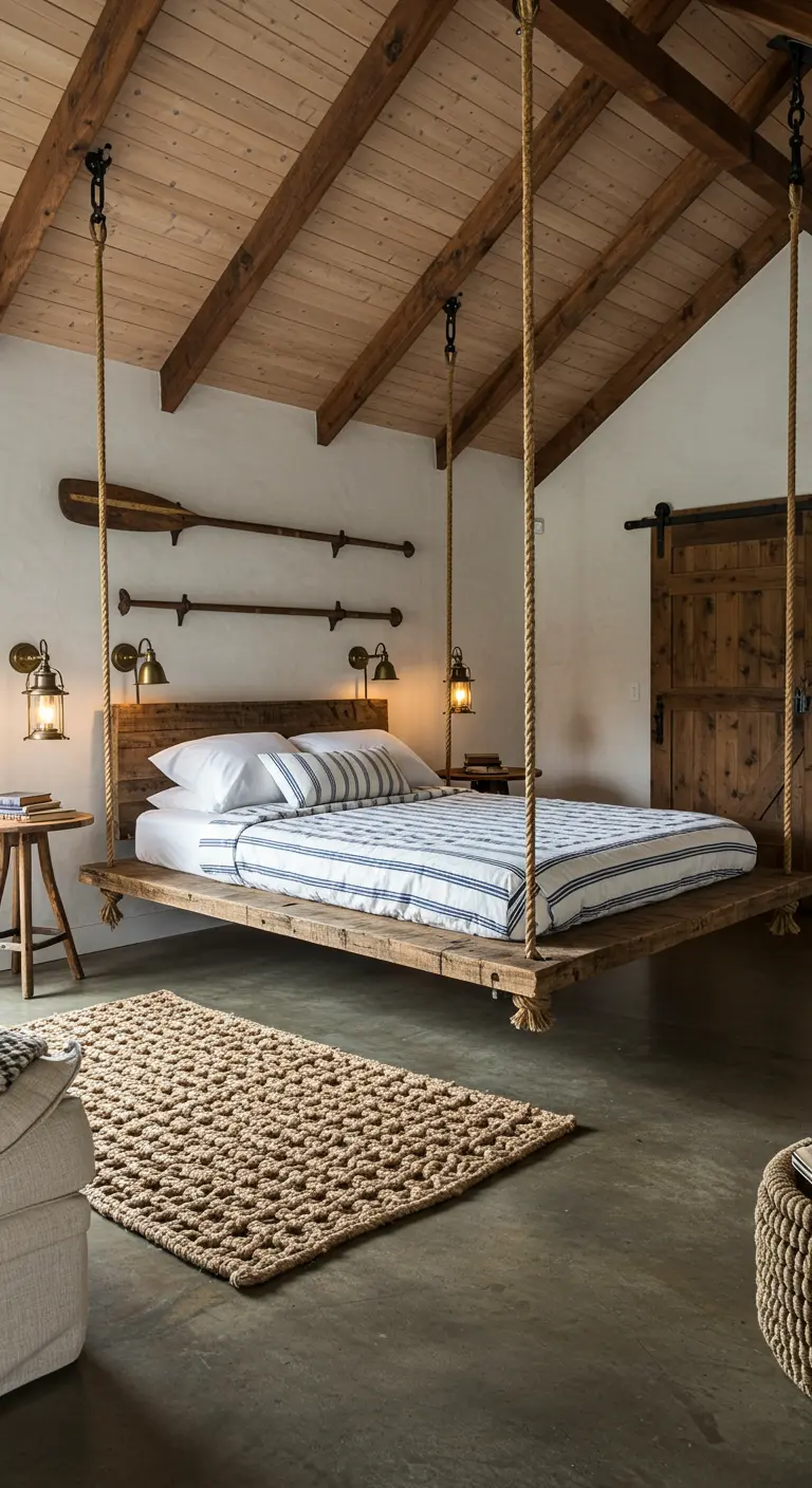 Rustic bedroom with a large wooden bed suspended from the vaulted ceiling with thick ropes.