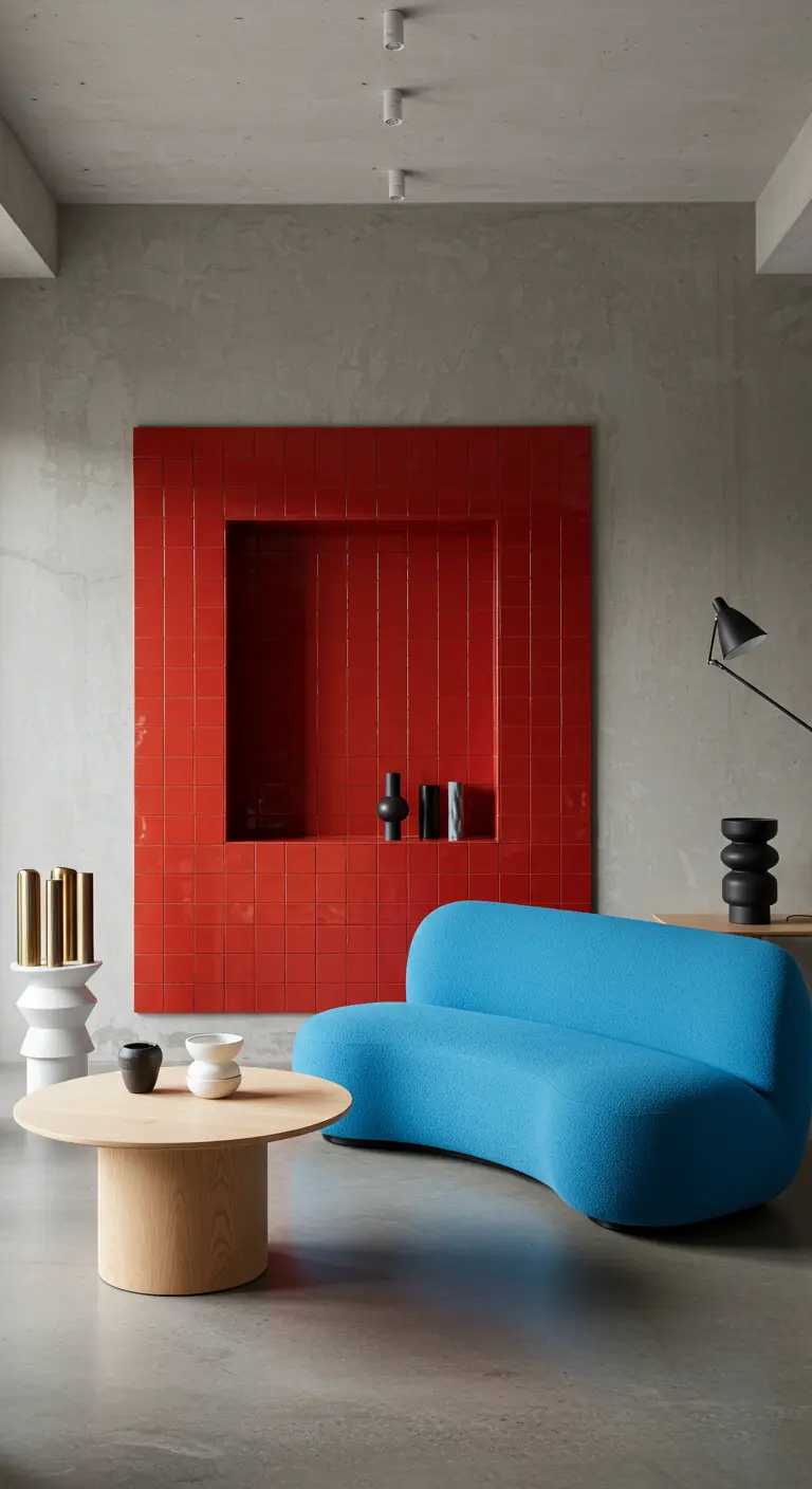 A minimalist living room with a striking red-tiled niche behind a bright blue curved sofa.