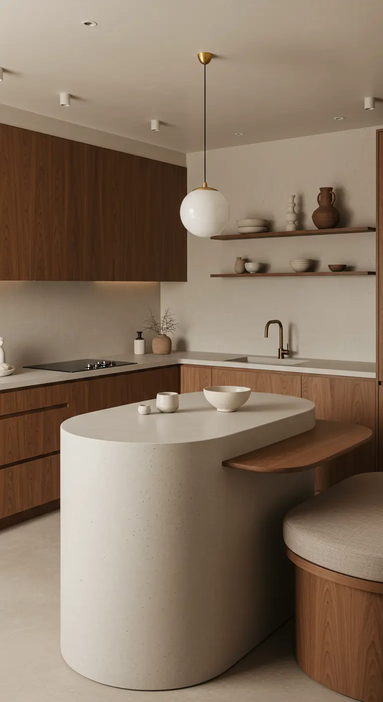 Japandi kitchen with dark wood cabinets and a curved, concrete-look monolithic island.