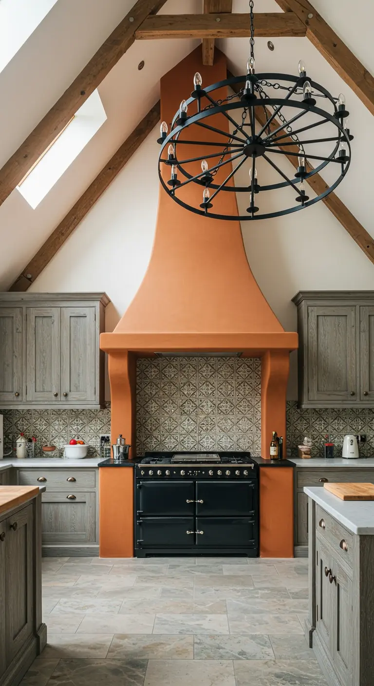 Kitchen with vaulted ceiling, terra cotta range hood, and a large iron chandelier.