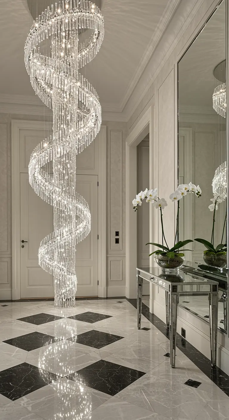 Grand entryway with a massive spiral crystal chandelier and reflective black and white flooring.