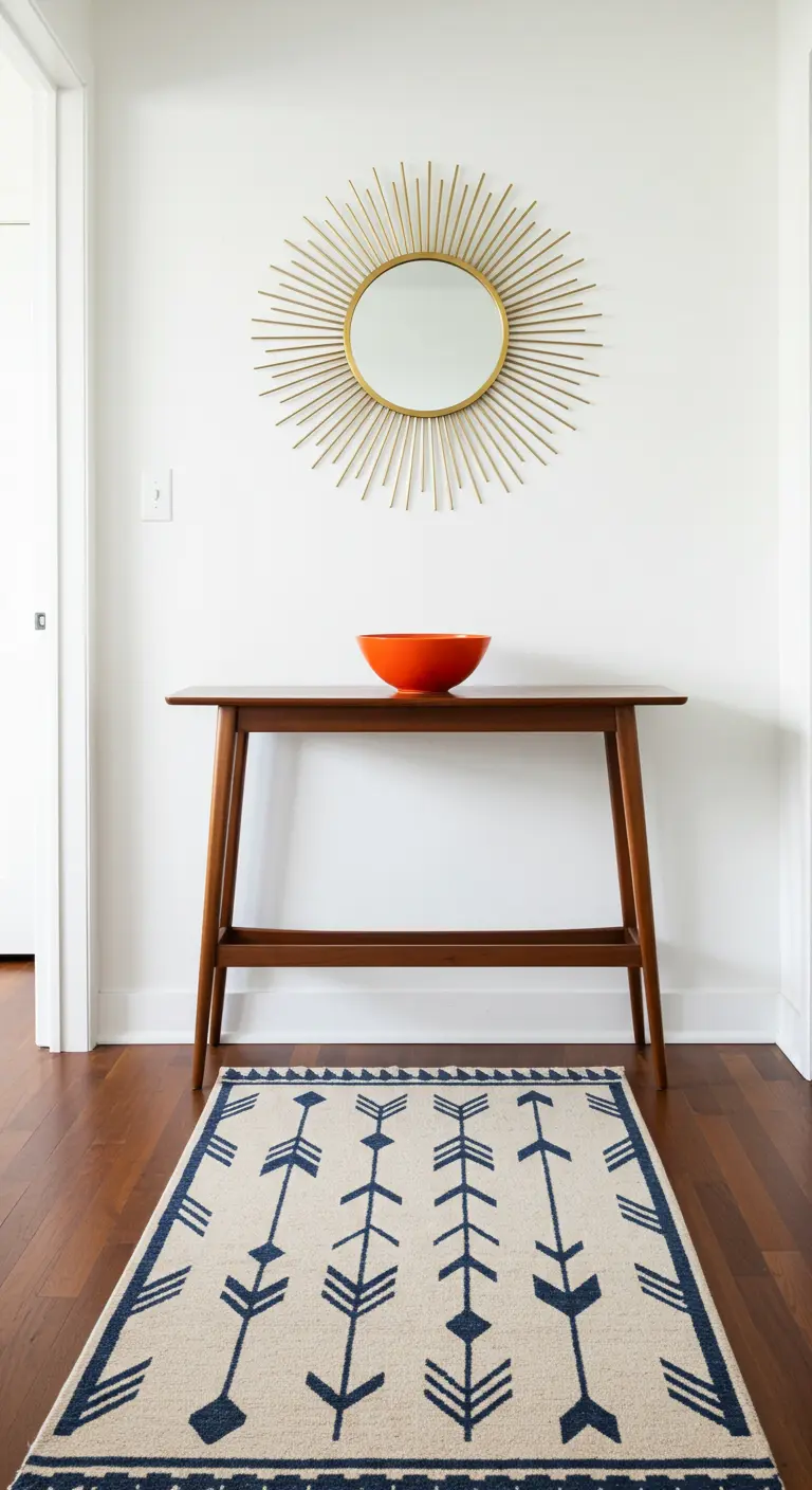 Mid-century entryway with a sunburst mirror over a walnut console table.