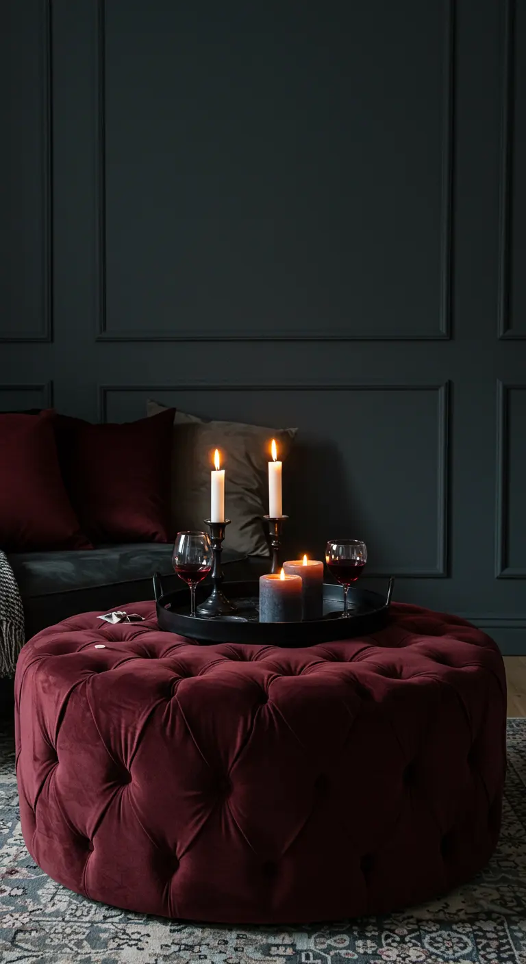 A large, tufted burgundy velvet ottoman in front of a sofa against charcoal paneled walls.