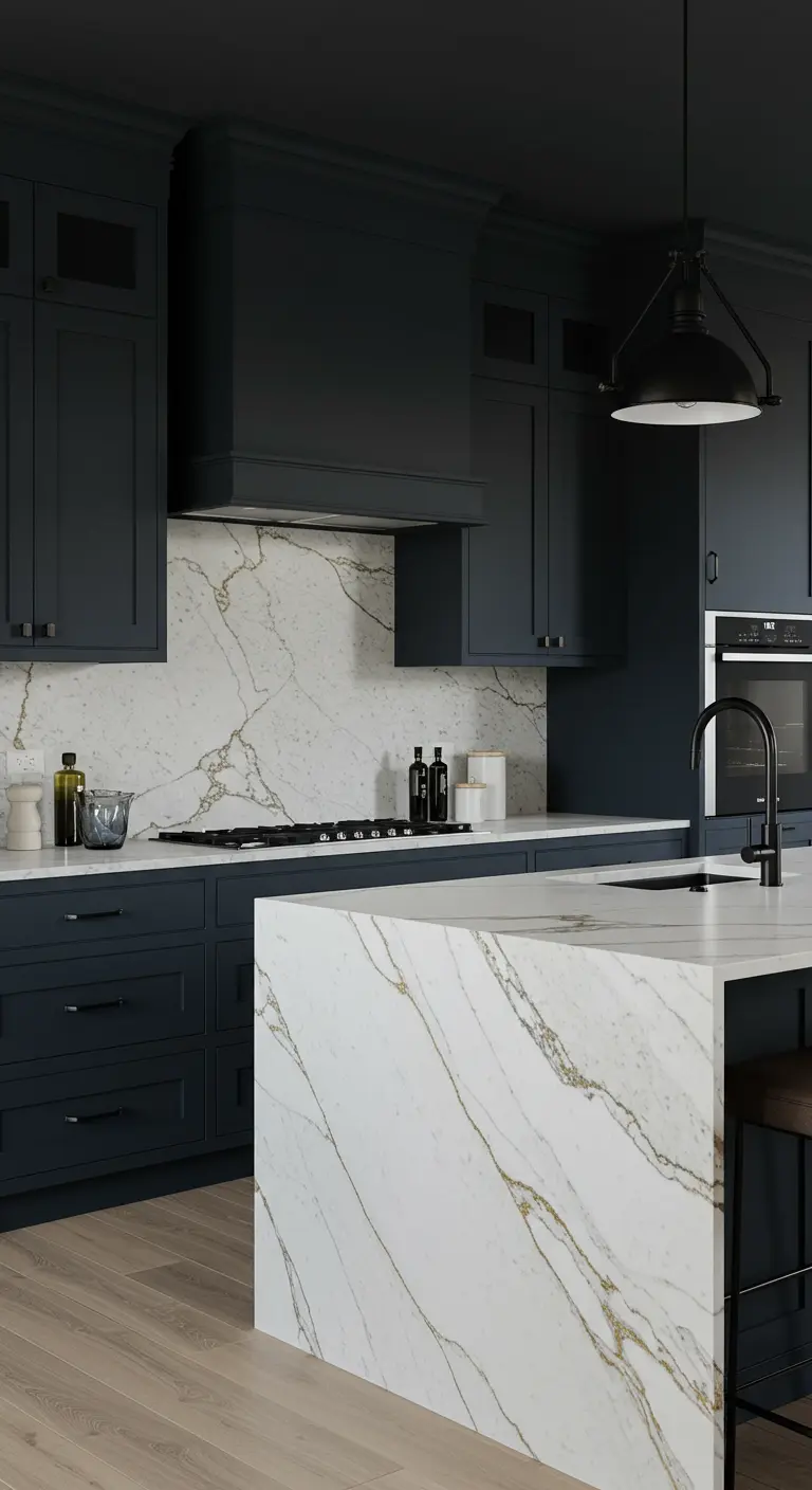 Dark navy kitchen with a dramatic white and gold veined quartz waterfall island.