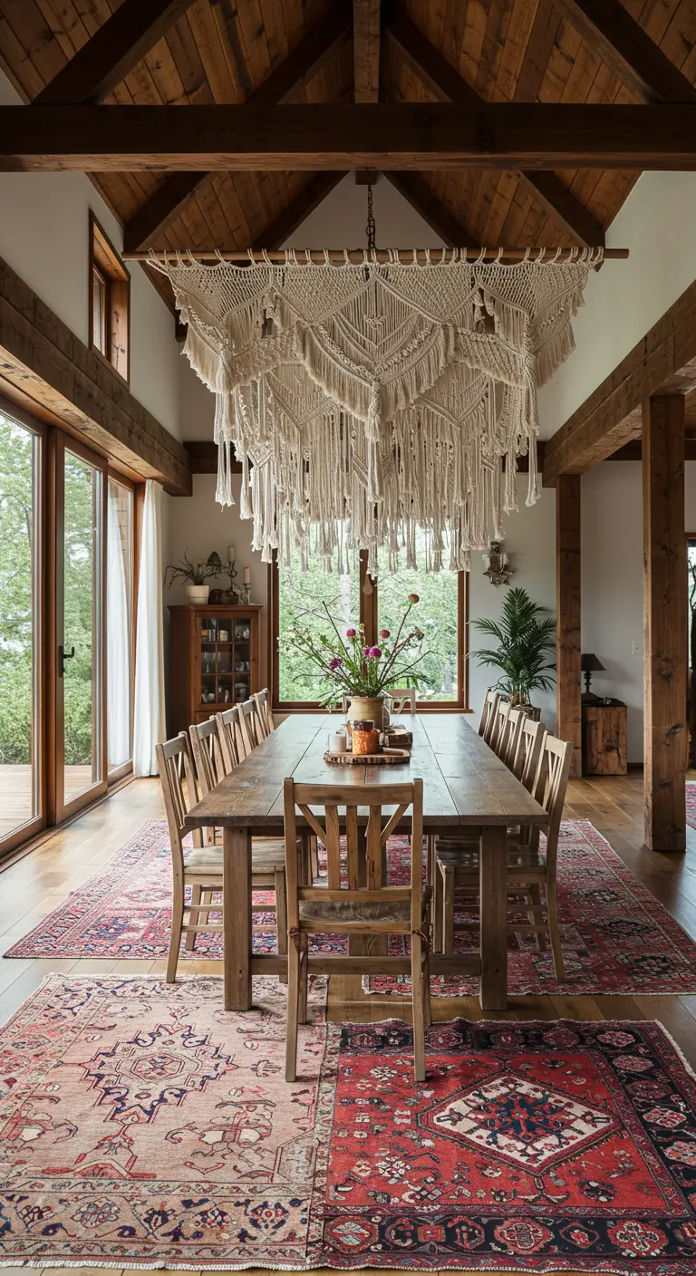 A rustic dining room with a massive macramé installation hanging over the table like a chandelier.