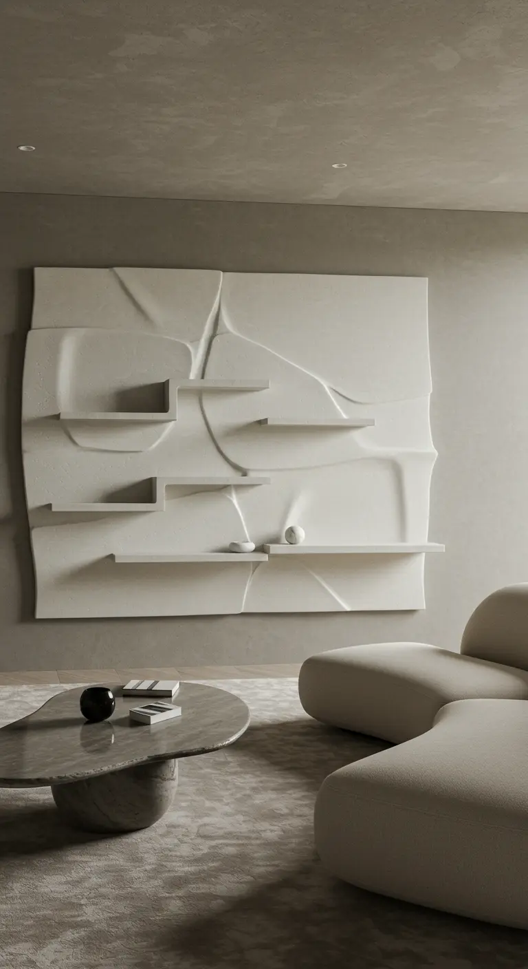 A large, sculptural wall relief in a neutral tone with integrated, organically shaped shelves.