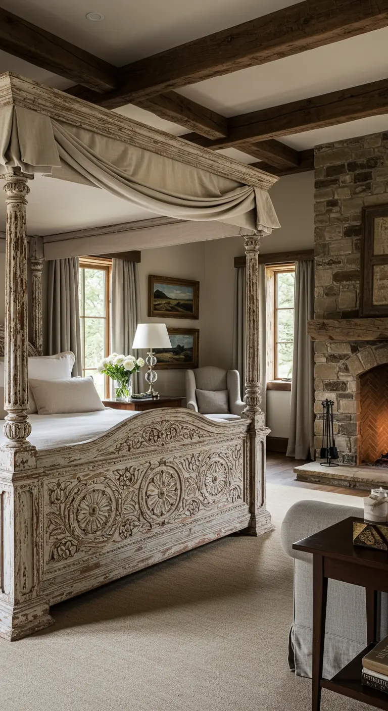 Grand bedroom featuring an ornate, distressed white carved canopy bed and a stone fireplace.