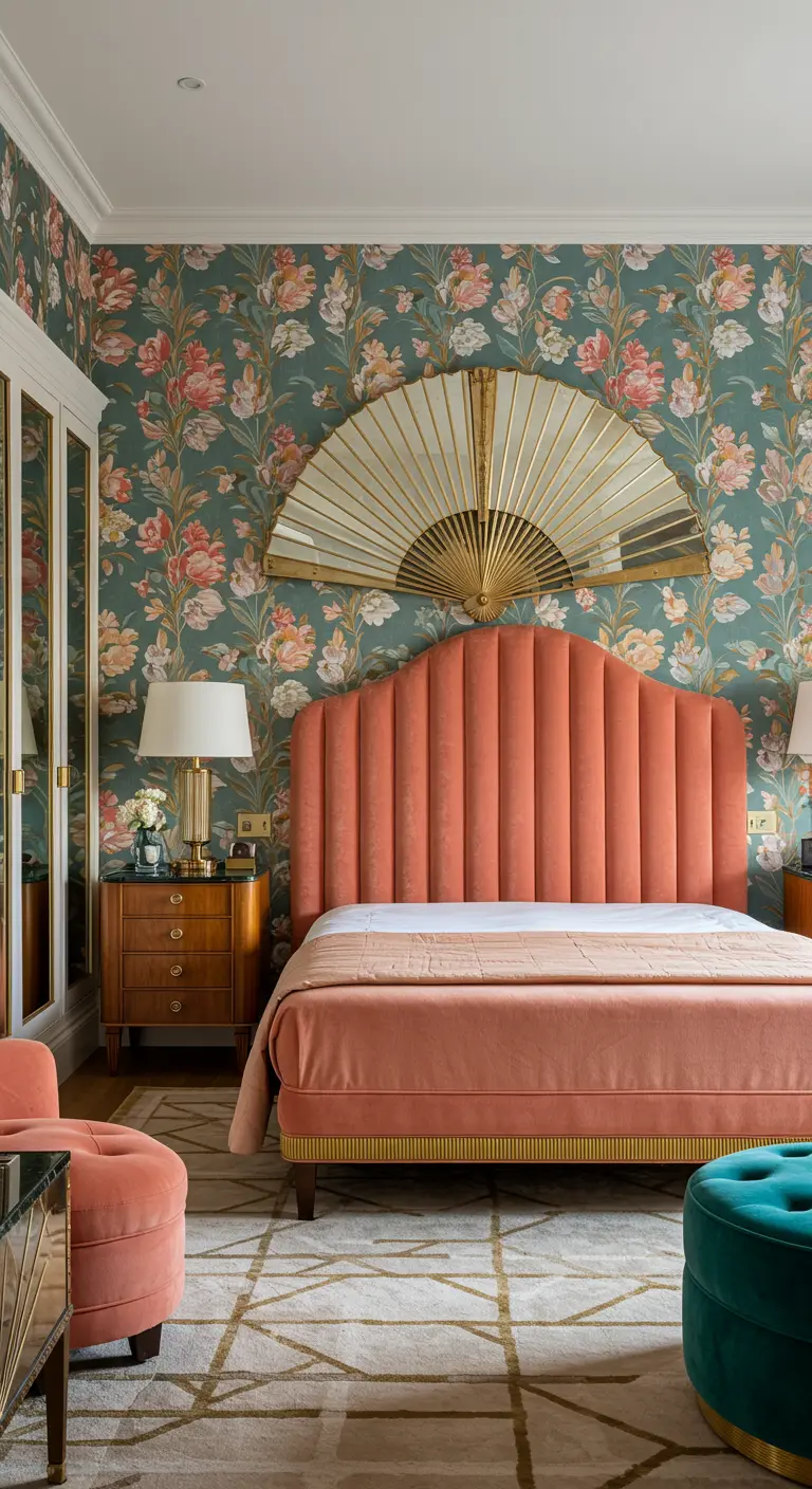 Bedroom with teal floral wallpaper, a coral velvet headboard, and a large golden fan-shaped mirror.