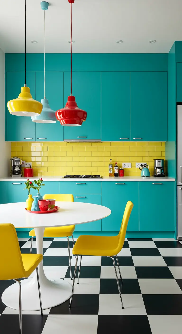 A colorful kitchen with teal cabinets, a yellow backsplash, and multi-colored pendant lights.