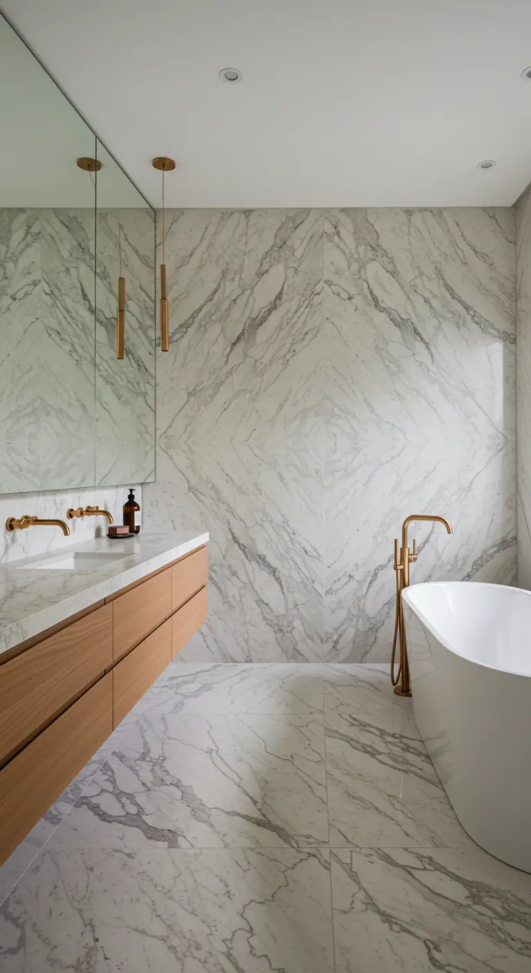 Modern bathroom with a stunning bookmatched marble accent wall behind the tub.