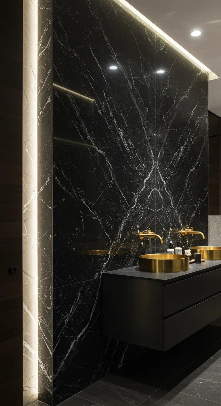 Black bookmatched marble accent wall behind a vanity with brass vessel sinks.
