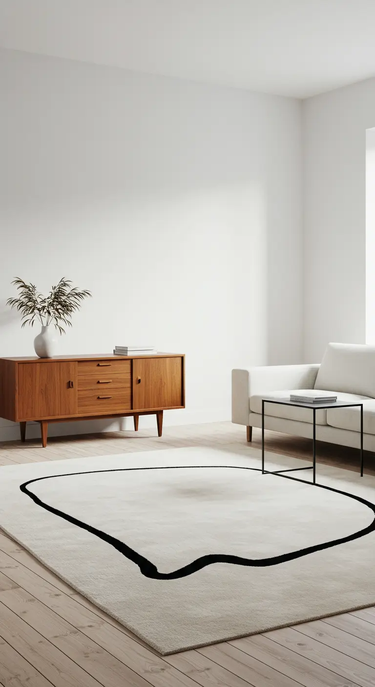 A hyper-minimalist white room with a teak credenza and a rug with a single black line.