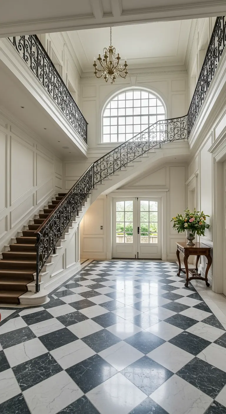 Grand foyer with a sweeping staircase, wrought iron railing, and black and white marble floor.
