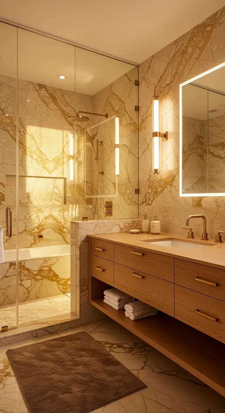 Luxurious bathroom with gold-veined marble, a backlit mirror, and an oak vanity.