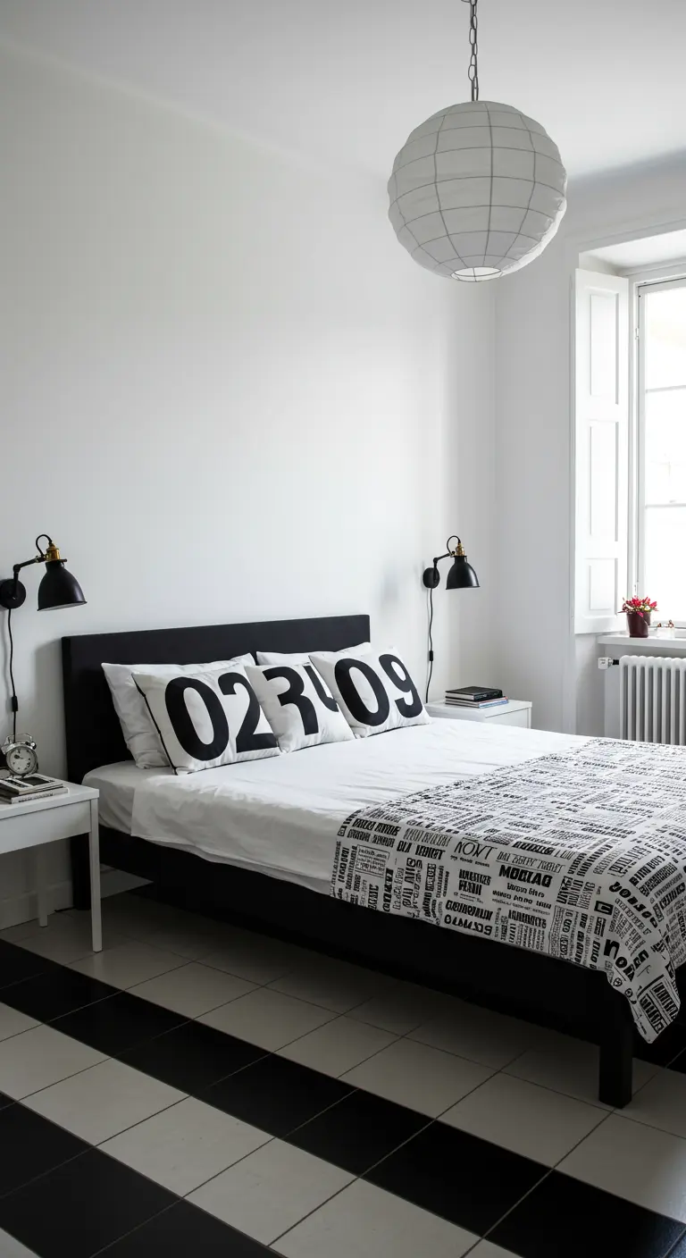 Bedroom with bold black and white striped flooring and typography pillows.