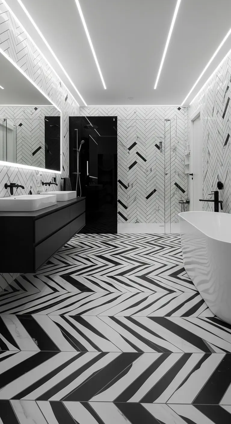 A bathroom with a bold black-and-white chevron tile pattern on the floor and walls.
