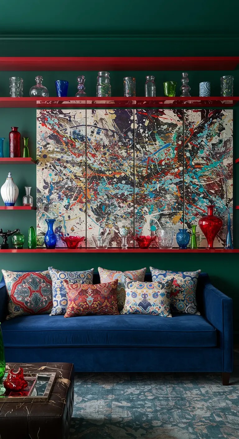 Bright red shelves on a dark green wall, filled with glassware and framing abstract art.