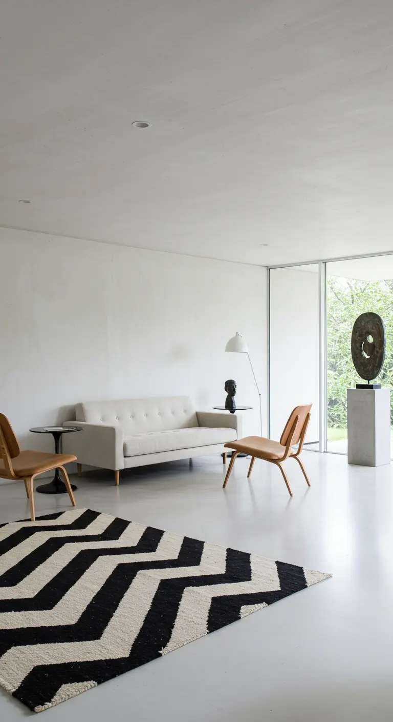 Minimalist white room with a bold black-and-white chevron rug and a single sculpture.