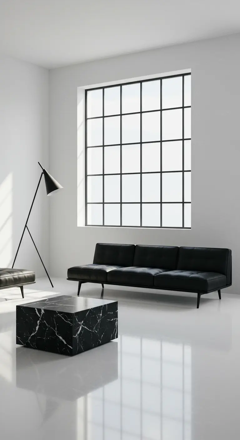 Minimalist white room with a black leather sofa and a black marble block coffee table.