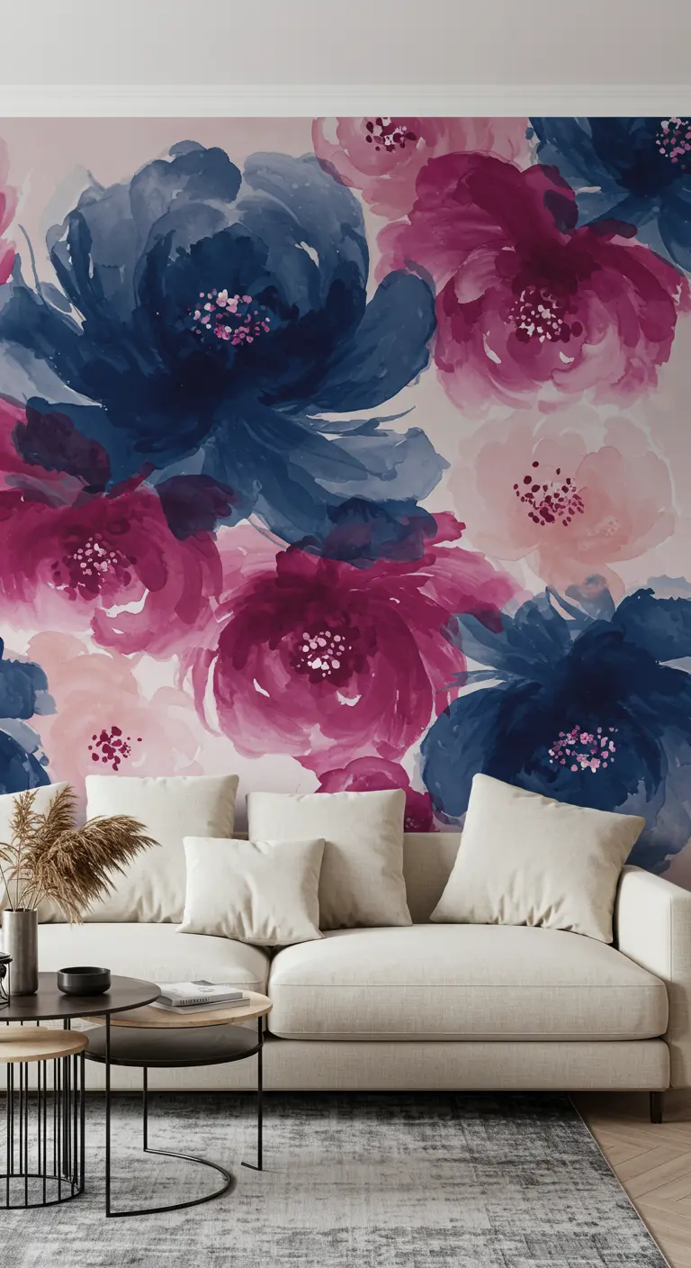 A large-scale watercolor floral mural in blue and magenta behind a neutral off-white sofa.