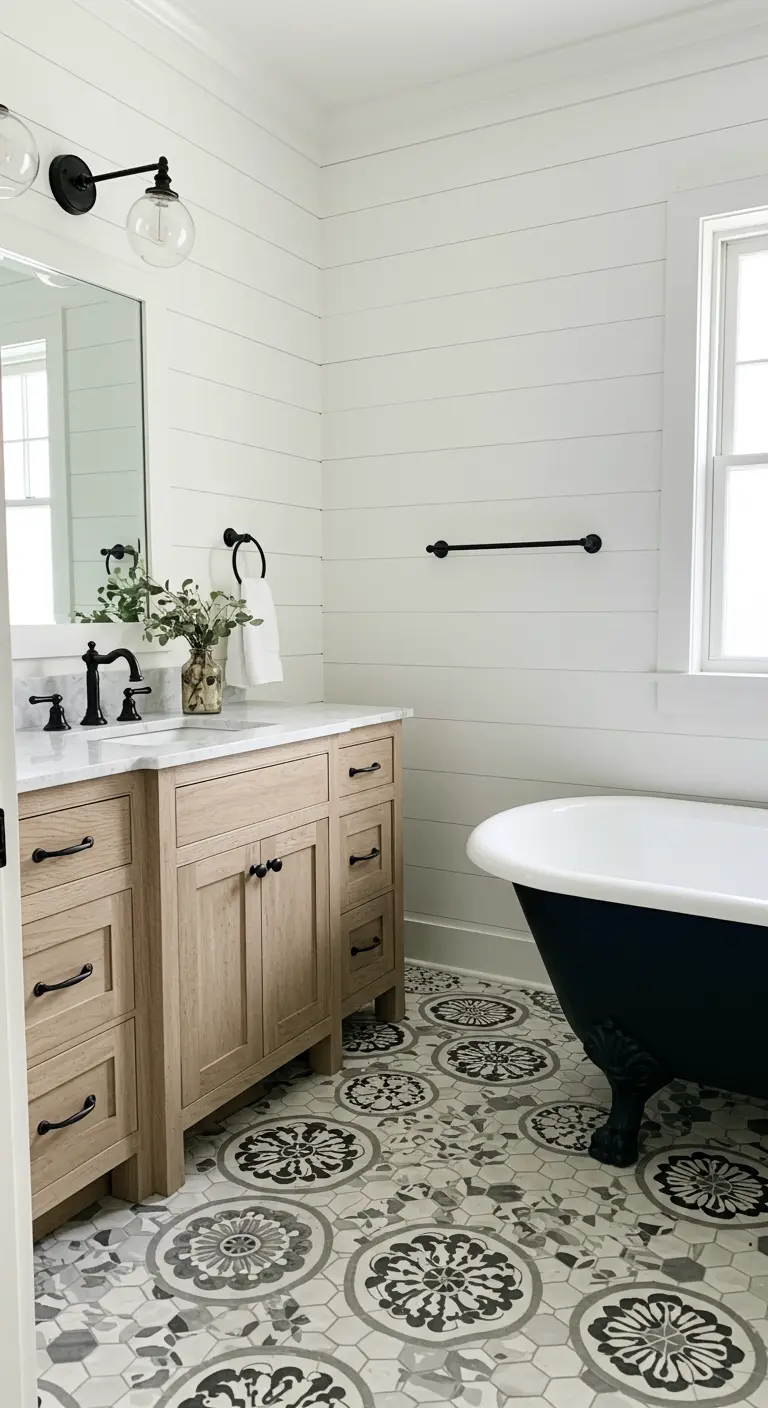 Farmhouse bathroom with patterned floor tiles, white shiplap walls, a light wood vanity, and a black clawfoot tub.
