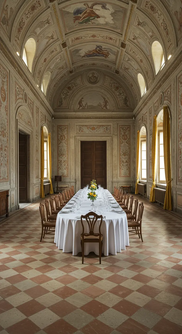 Grand hall with frescoed ceilings and a checkerboard terracotta tile floor.
