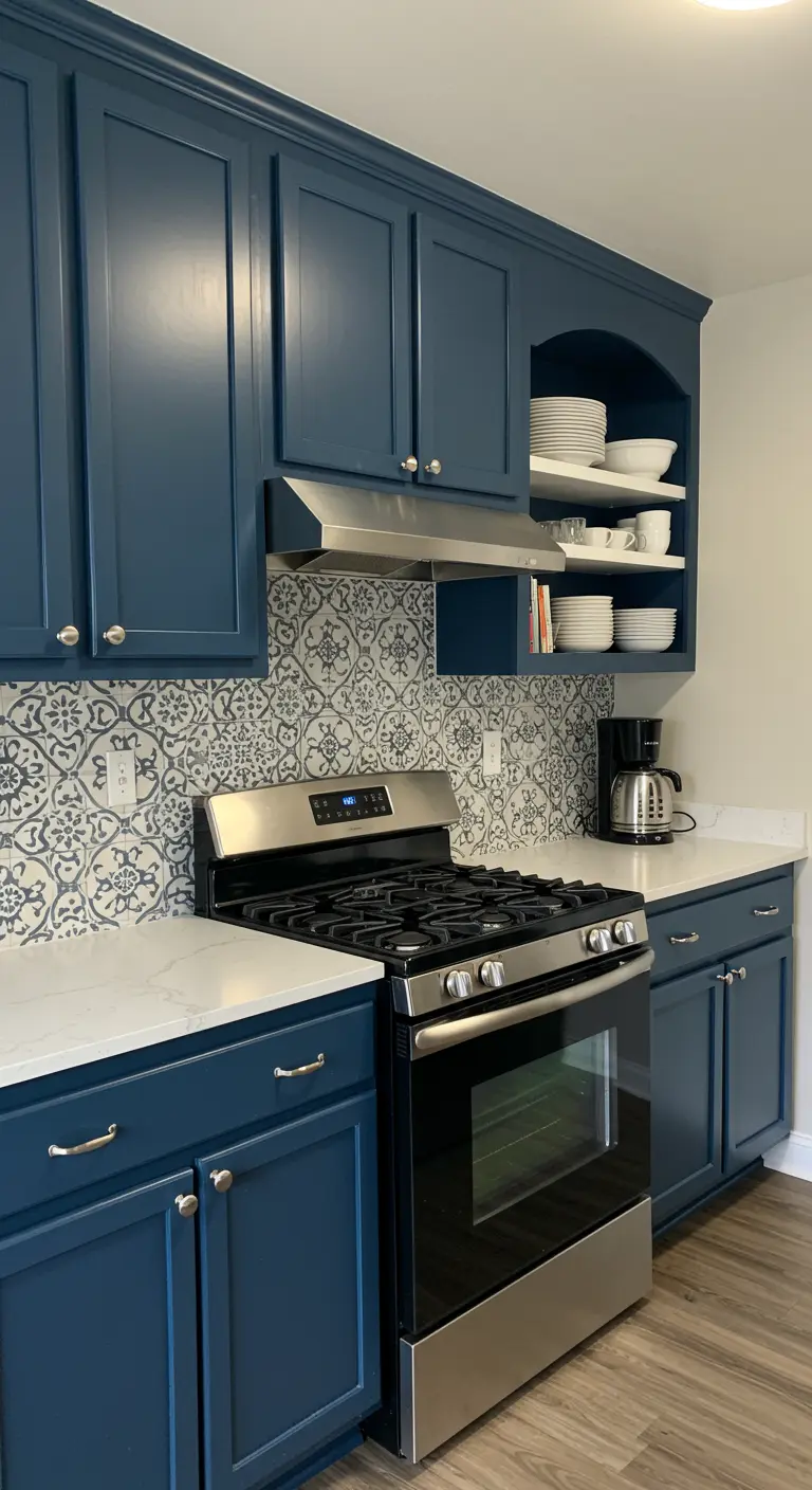 A kitchen with deep blue shaker cabinets and a bold, black and white patterned tile backsplash.