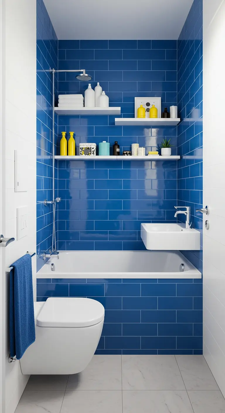 Small bathroom with floor-to-ceiling cobalt blue subway tiles.