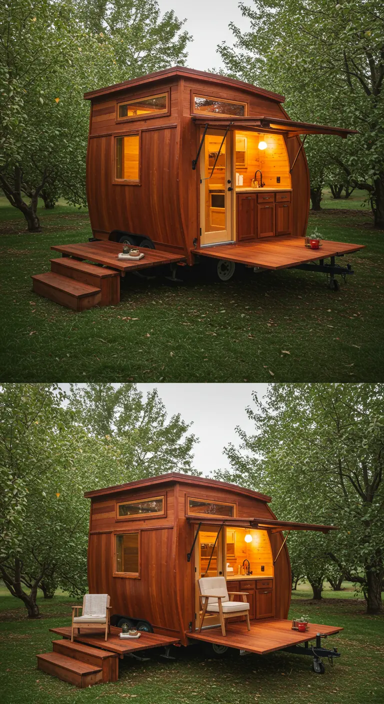 Diptych of a barrel-shaped wooden tiny home with fold-out decks and stairs.