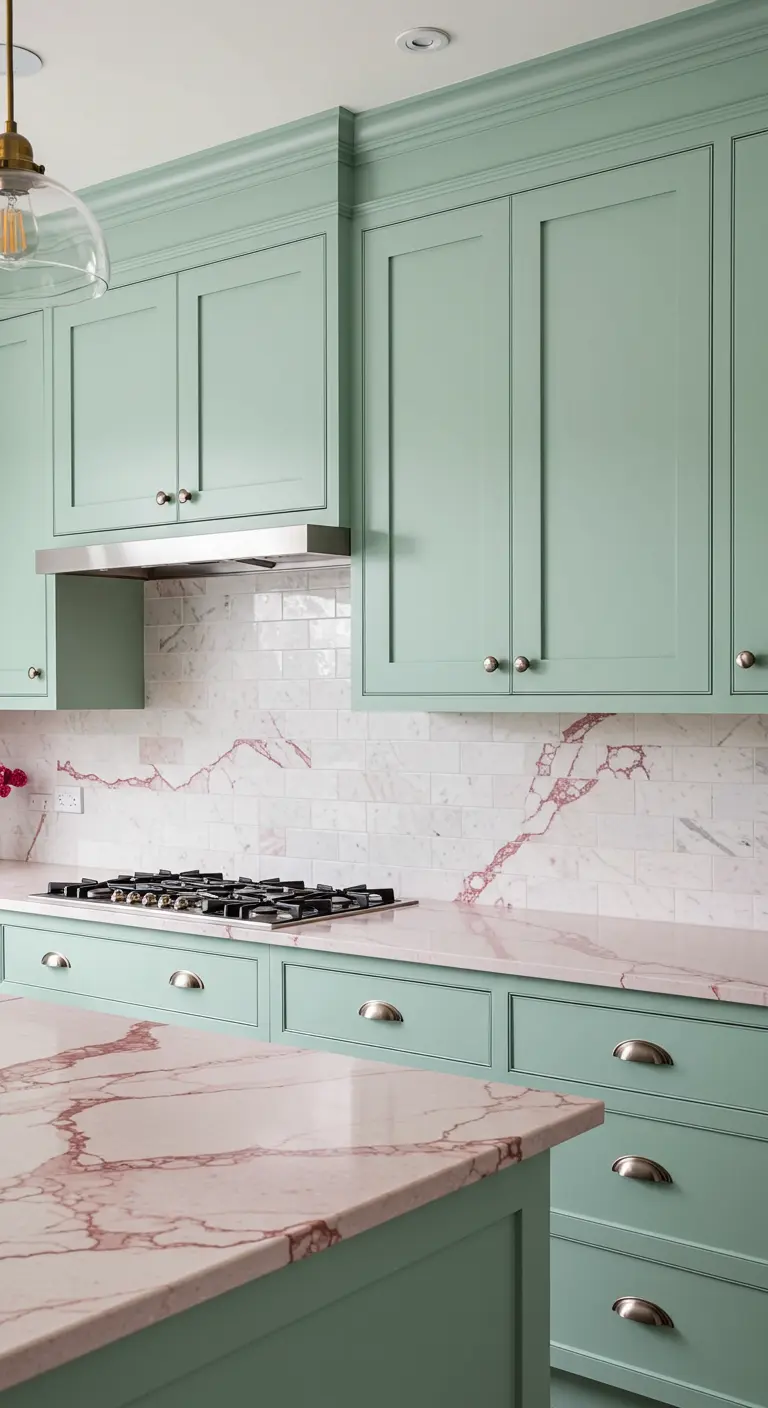 Kitchen with mint cabinets and a dramatic white marble countertop with deep red veining.