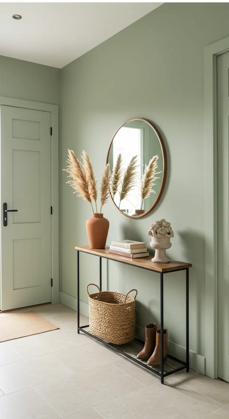 Entryway with pale sage green walls and door, a thin console table, and a round mirror.