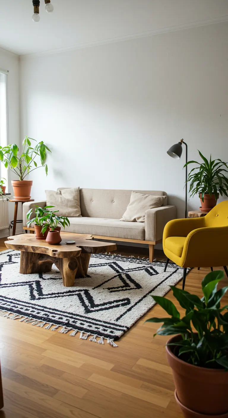 Neutral sofa facing a vibrant mustard yellow armchair across a live-edge coffee table.