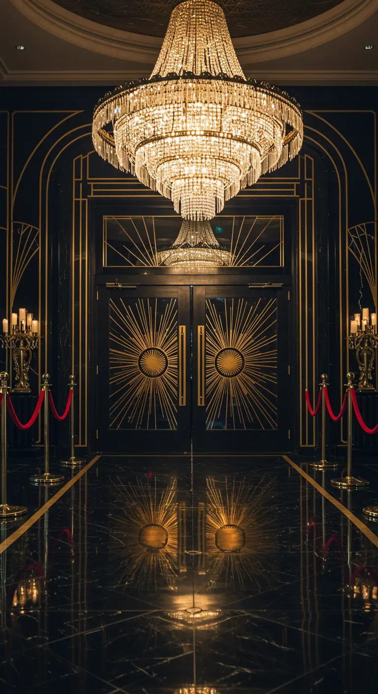 A grand Art Deco hotel entrance with a crystal chandelier and gold-patterned black doors.