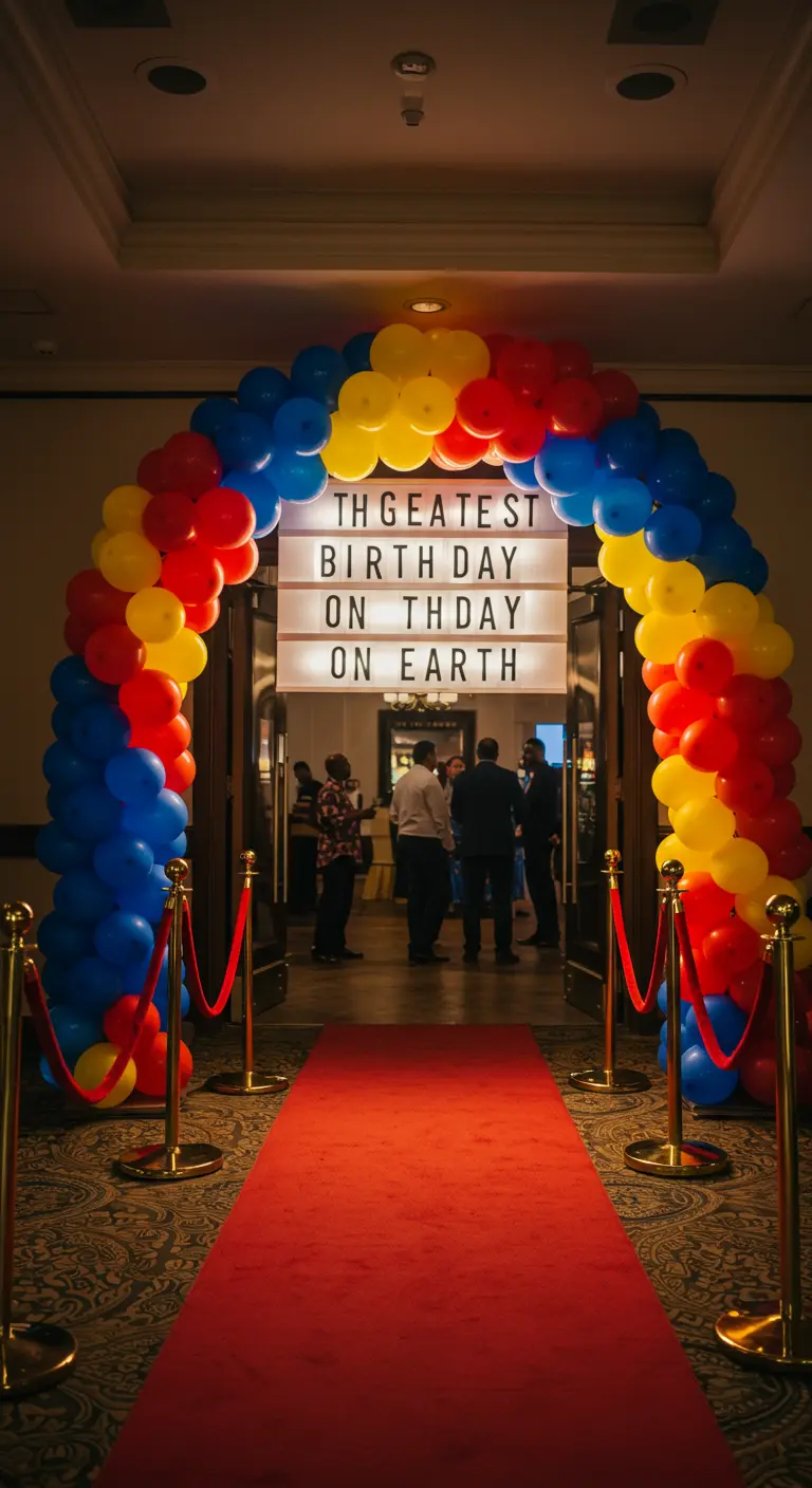 A grand balloon arch in red, yellow, and blue over a doorway.