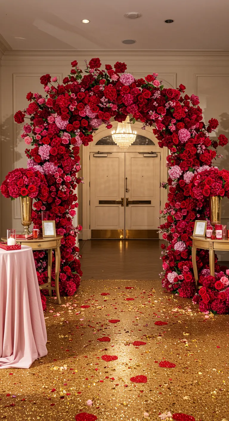 A grand floral arch of red and pink roses over a doorway, with glitter scattered on the floor.