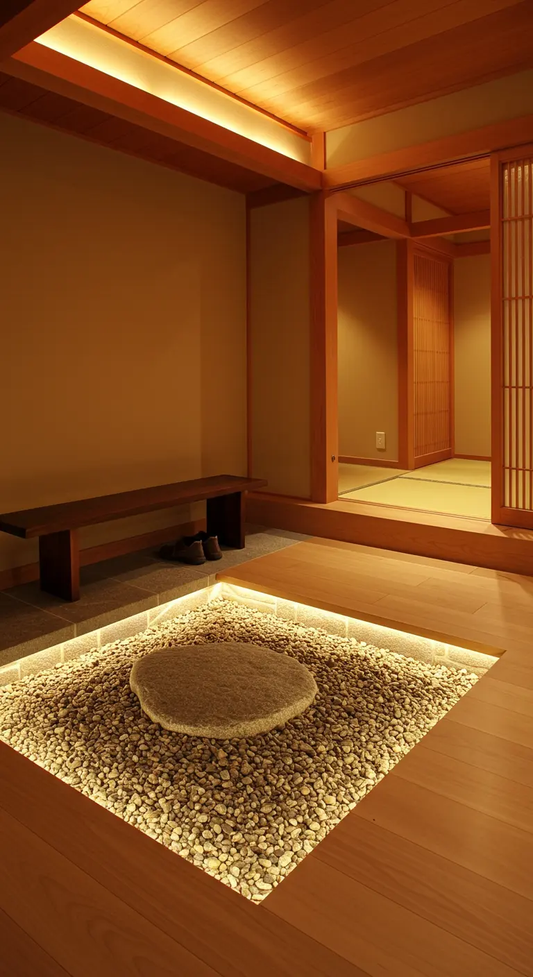 Japanese-style entryway with a sunken rock garden illuminated by LED lights.