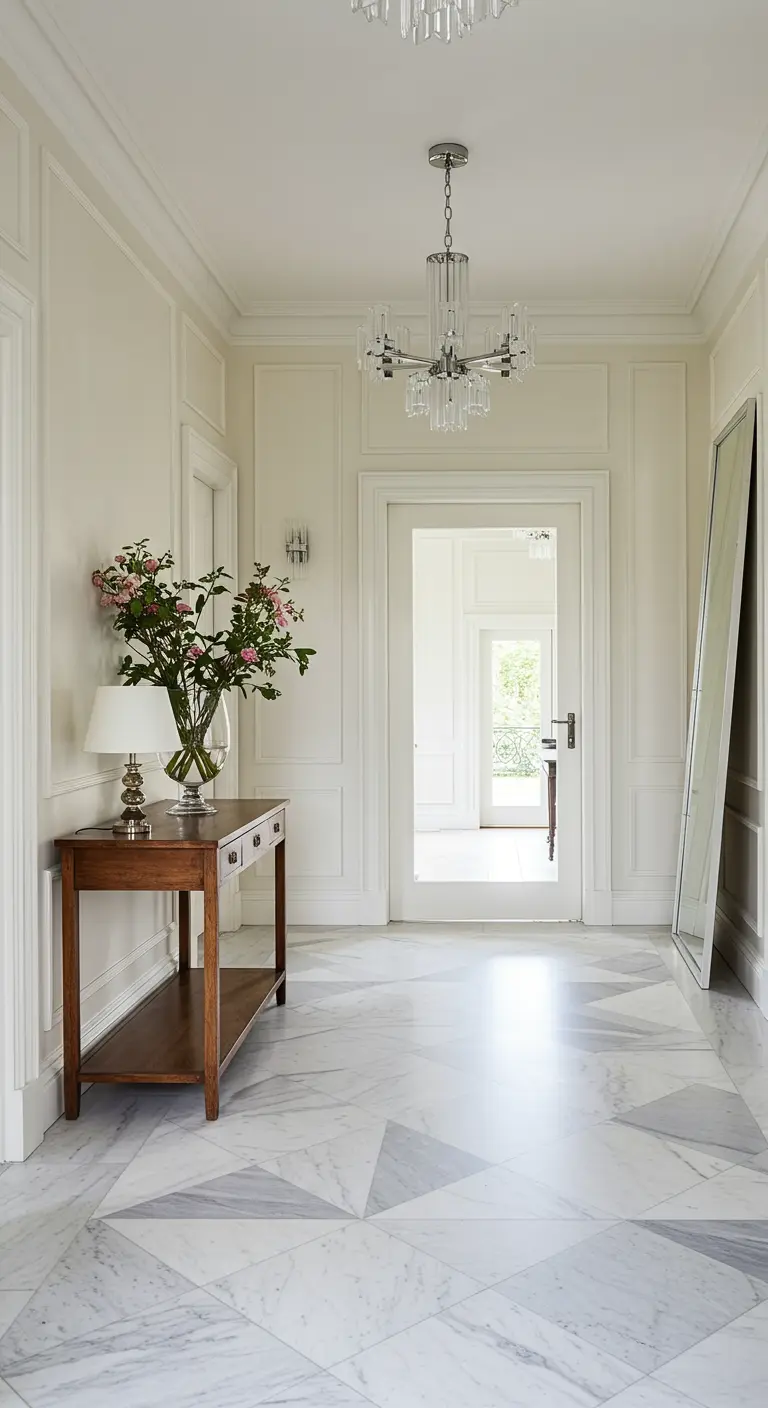 Entryway with geometric marble tile floor and a classic console table.