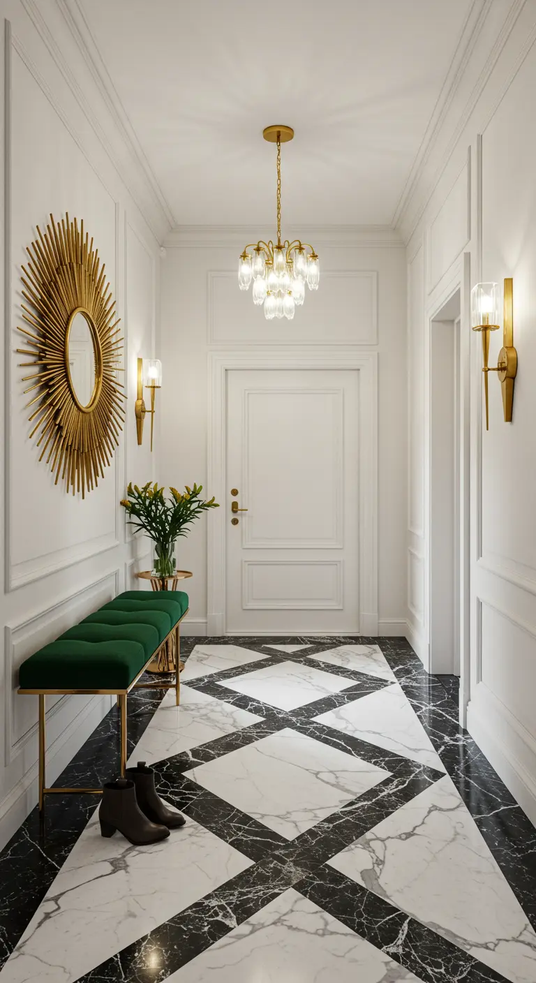 Entryway with black and white marble floors, a gold sunburst mirror, and an emerald green velvet bench.