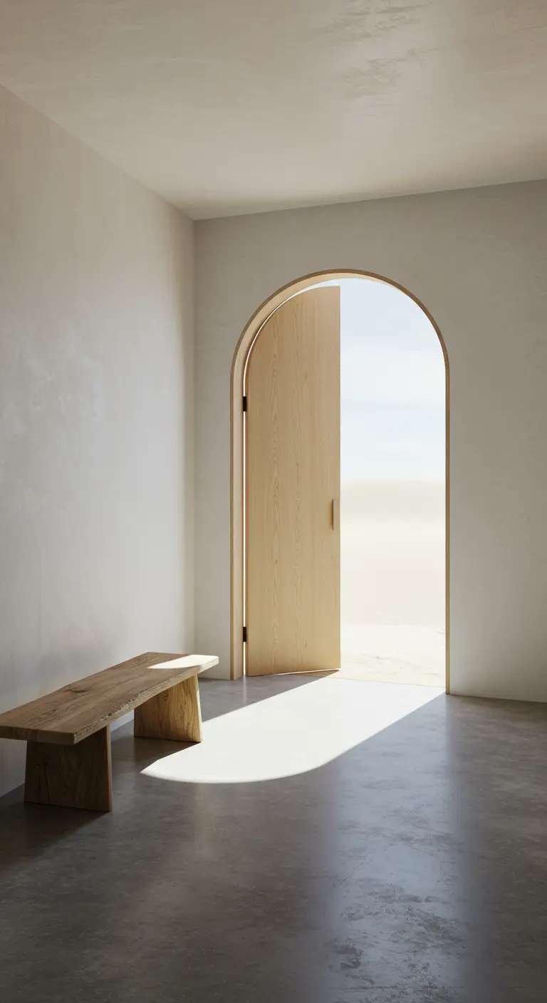A minimalist entryway with a rustic bench and a tall, arched doorway open to a bright space.
