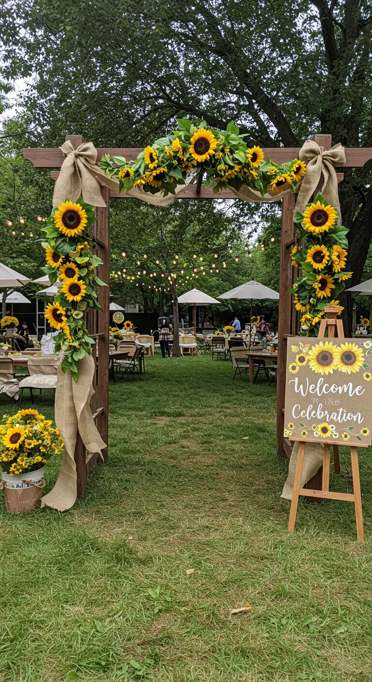 A wooden garden arch decorated with sunflowers and burlap bows at a party entrance.