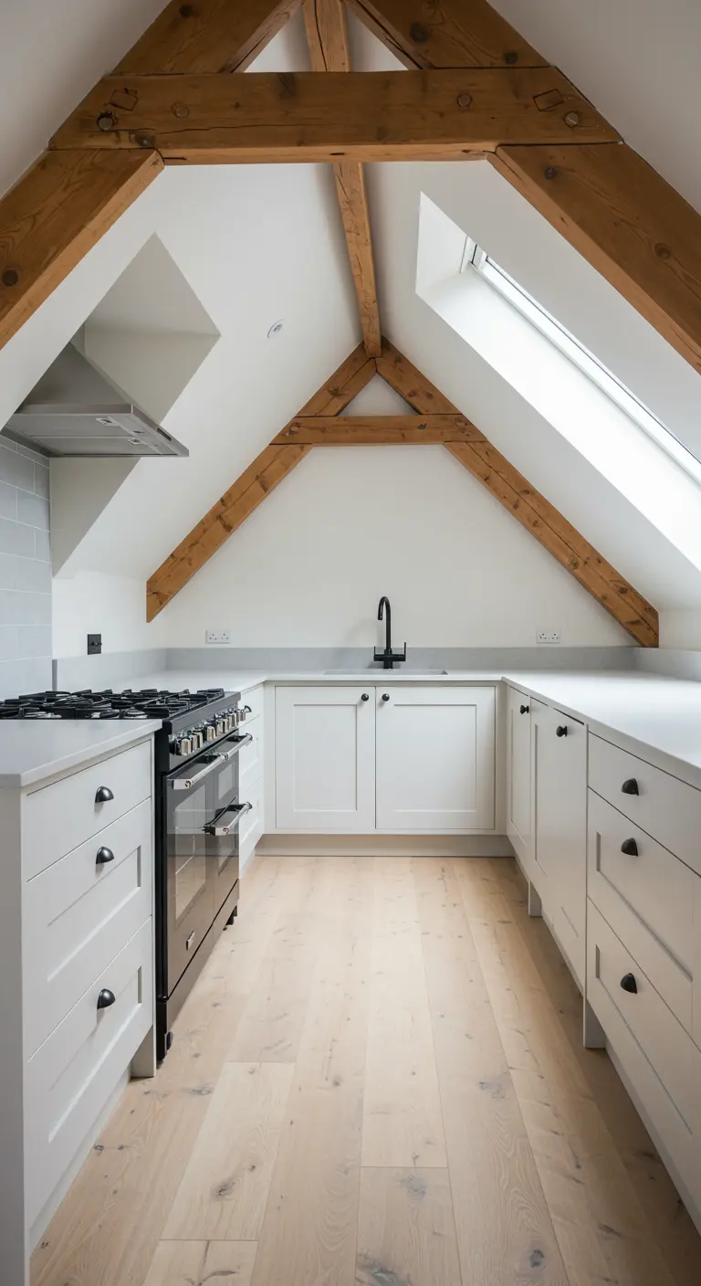 Attic kitchen with exposed wood beams, white shaker cabinets, and light wood floors.