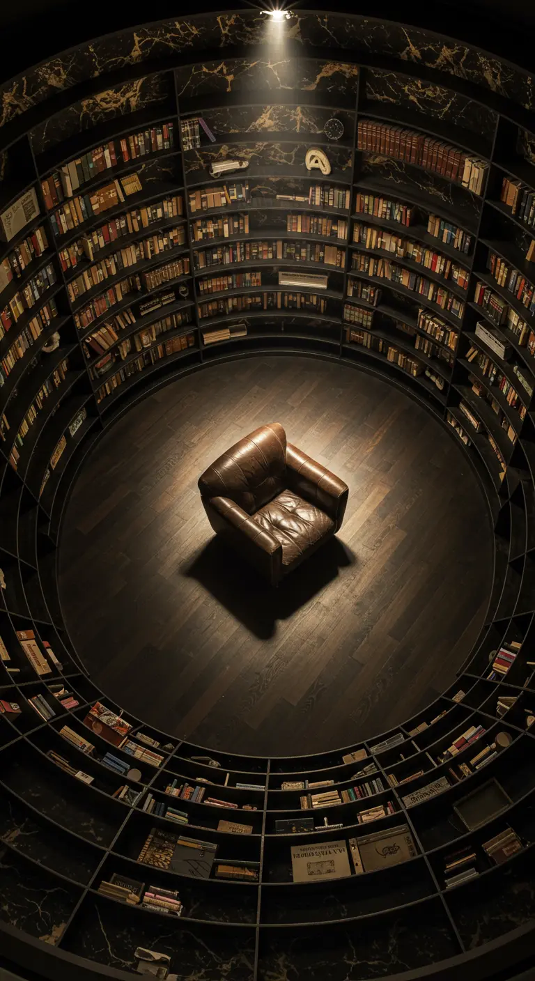 A fisheye view of a lone leather armchair in the center of a vast, circular library.