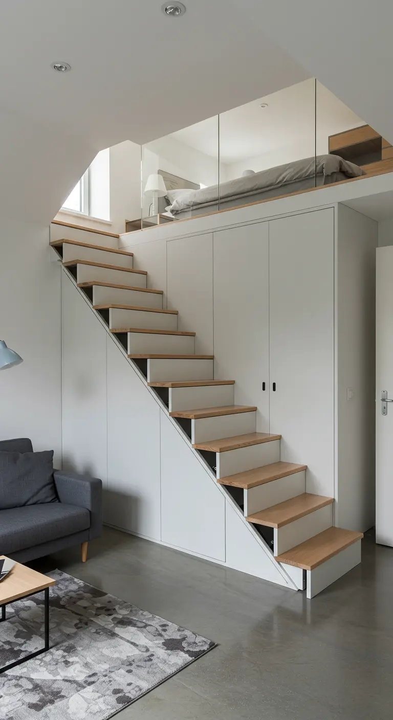 A staircase in a loft with seamlessly integrated white cabinets and drawers built into the base.