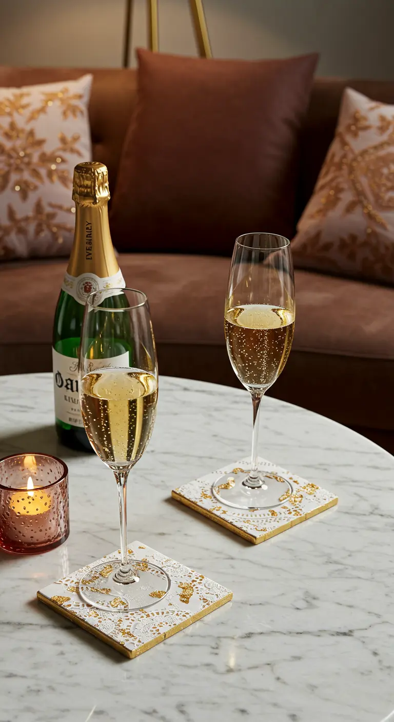 Two DIY coasters made from tiles, lace, and flecks of gold leaf, holding glasses of champagne.